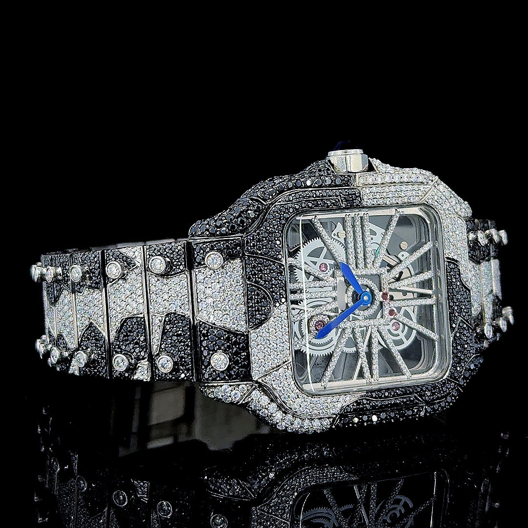 Skeleton Dial Cartier Two Tone Black Camo Iced Out Bracelet Moissanite Watch Right Profile View