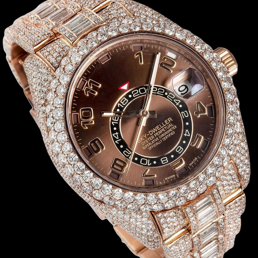Sky-Dweller Rolex Brown Dial Standard Numerals Rose Gold Baguette Oyster Bracelet Iced Out Moissanite Watch Close Up Dial View