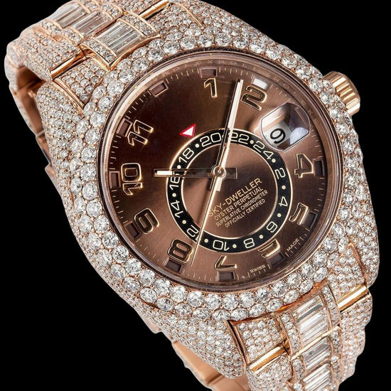 Sky-Dweller Rolex Brown Dial Standard Numerals Rose Gold Baguette Oyster Bracelet Iced Out Moissanite Watch Close Up Dial View