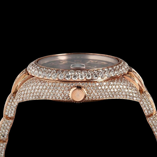 Sky-Dweller Rolex Brown Dial Standard Numerals Rose Gold Baguette Oyster Bracelet Iced Out Moissanite Watch Crown View