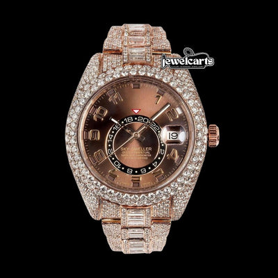 Sky-Dweller Rolex Brown Dial Standard Numerals Rose Gold Baguette Oyster Bracelet Iced Out Moissanite Watch