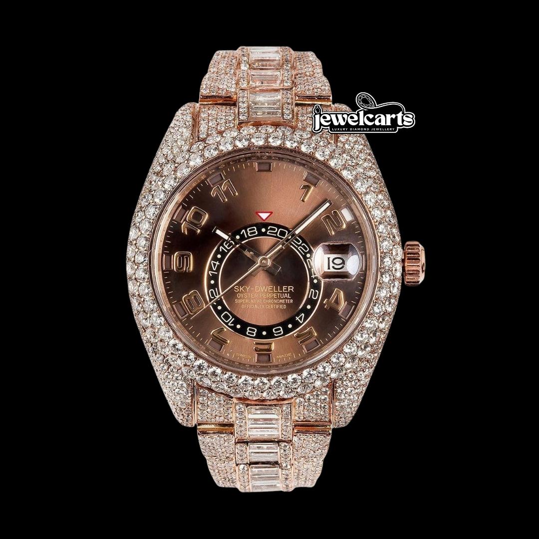 Sky-Dweller Rolex Brown Dial Standard Numerals Rose Gold Baguette Oyster Bracelet Iced Out Moissanite Watch Front View