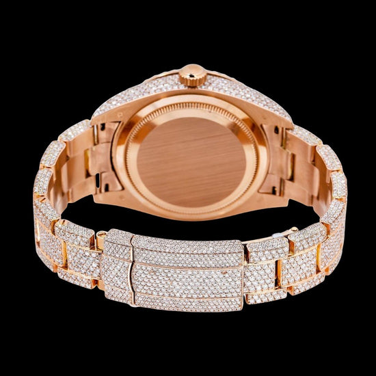 Sky-Dweller Rolex  Dual Time Stick Markers Dial Iced Out Rose Gold Oyster Bracelet Moissanite Watch Caseback View