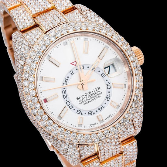 Sky-Dweller Rolex  Dual Time Stick Markers Dial Iced Out Rose Gold Oyster Bracelet Moissanite Watch Close Up Dial View