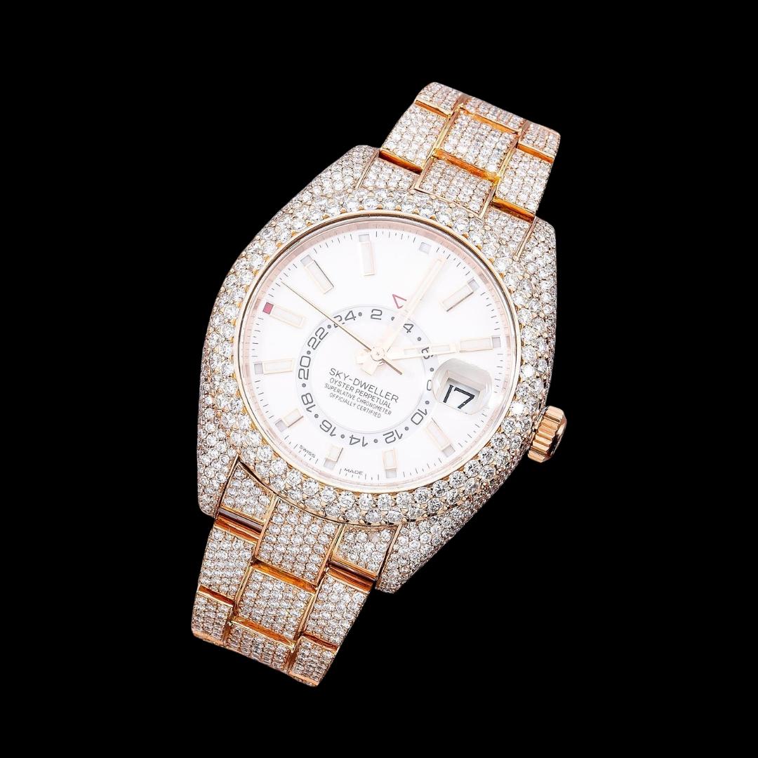Sky-Dweller Rolex  Dual Time Stick Markers Dial Iced Out Rose Gold Oyster Bracelet Moissanite Watch Close Up Front View