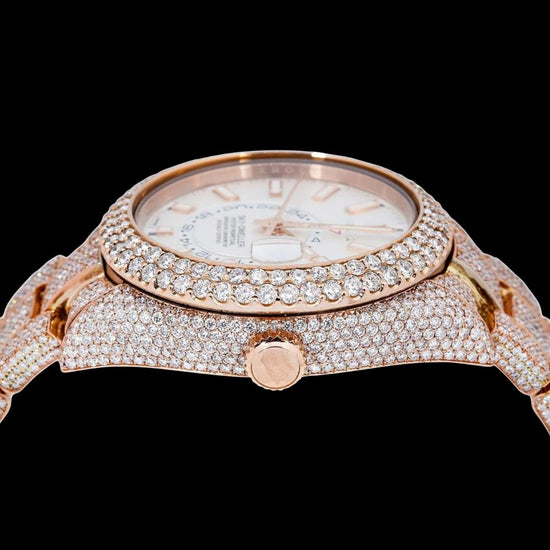 Sky-Dweller Rolex  Dual Time Stick Markers Dial Iced Out Rose Gold Oyster Bracelet Moissanite Watch Crown View