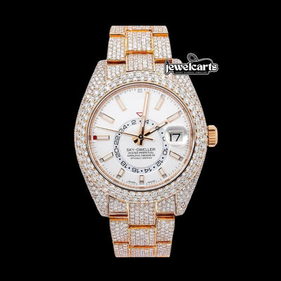 Sky-Dweller Rolex  Dual Time Stick Markers Dial Iced Out Rose Gold Oyster Bracelet Moissanite Watch