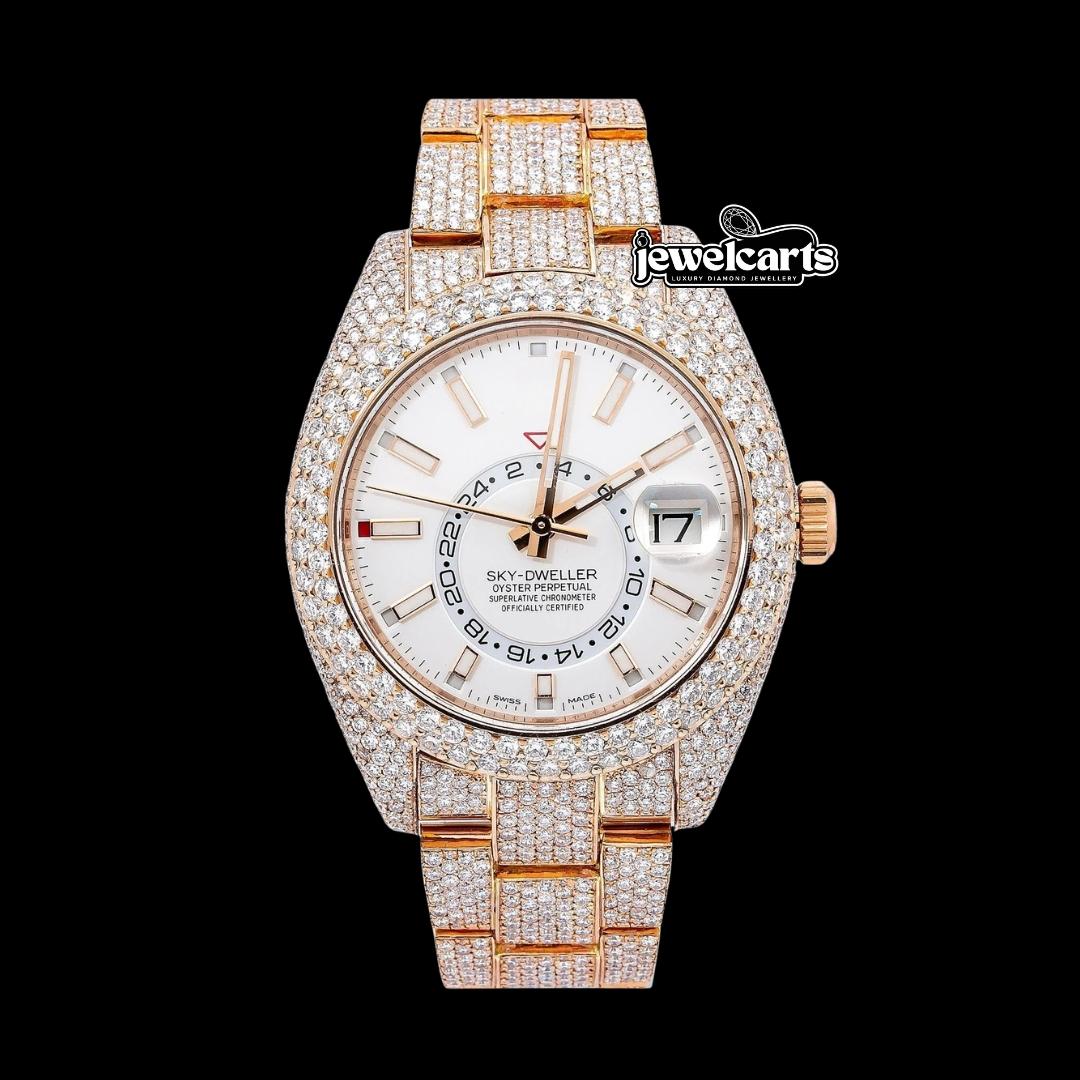 Sky-Dweller Rolex  Dual Time Stick Markers Dial Iced Out Rose Gold Oyster Bracelet Moissanite Watch Front View