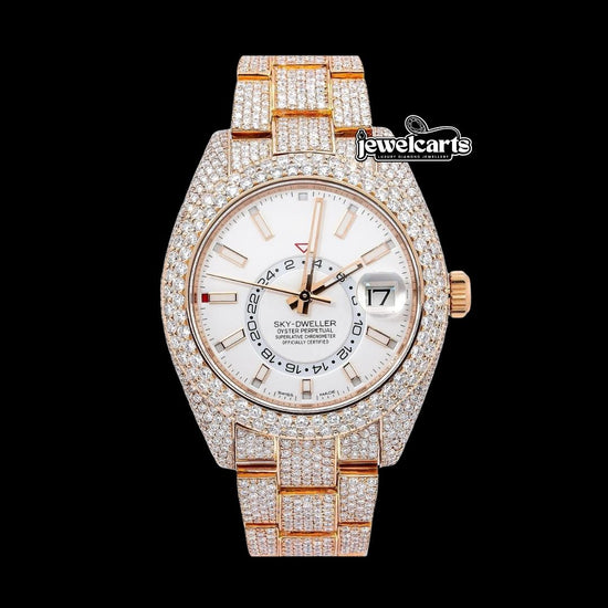 Sky-Dweller Rolex  Dual Time Stick Markers Dial Iced Out Rose Gold Oyster Bracelet Moissanite Watch Front View