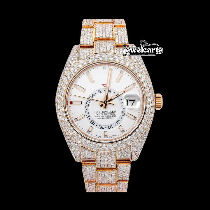 Sky-Dweller Rolex  Dual Time Stick Markers Dial Iced Out Rose Gold Oyster Bracelet Moissanite Watch Front View