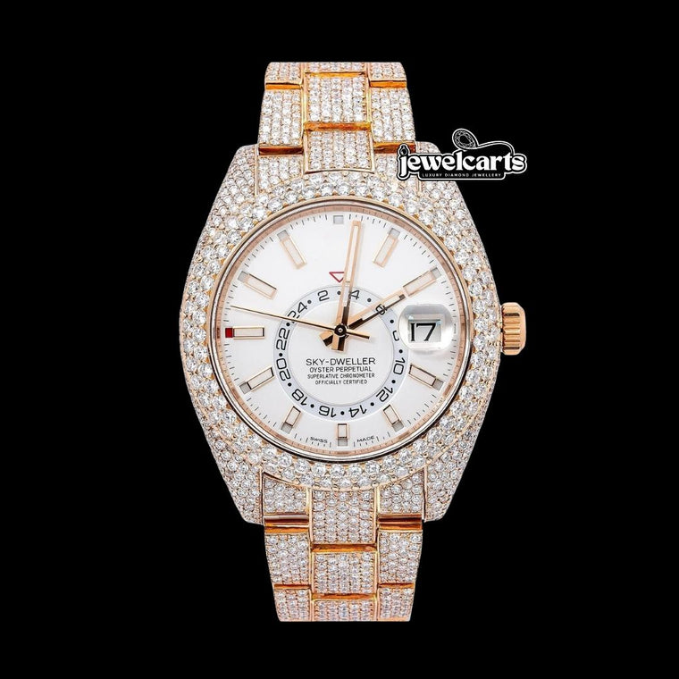 Sky-Dweller Rolex  Dual Time Stick Markers Dial Iced Out Rose Gold Oyster Bracelet Moissanite Watch Front View