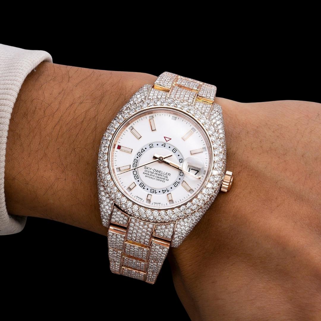 Sky-Dweller Rolex  Dual Time Stick Markers Dial Iced Out Rose Gold Oyster Bracelet Moissanite Watch On Wrist View