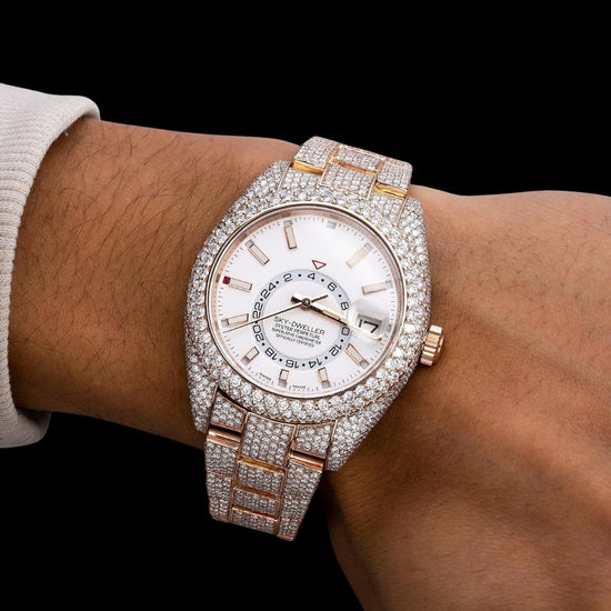 Sky-Dweller Rolex  Dual Time Stick Markers Dial Iced Out Rose Gold Oyster Bracelet Moissanite Watch On Wrist View