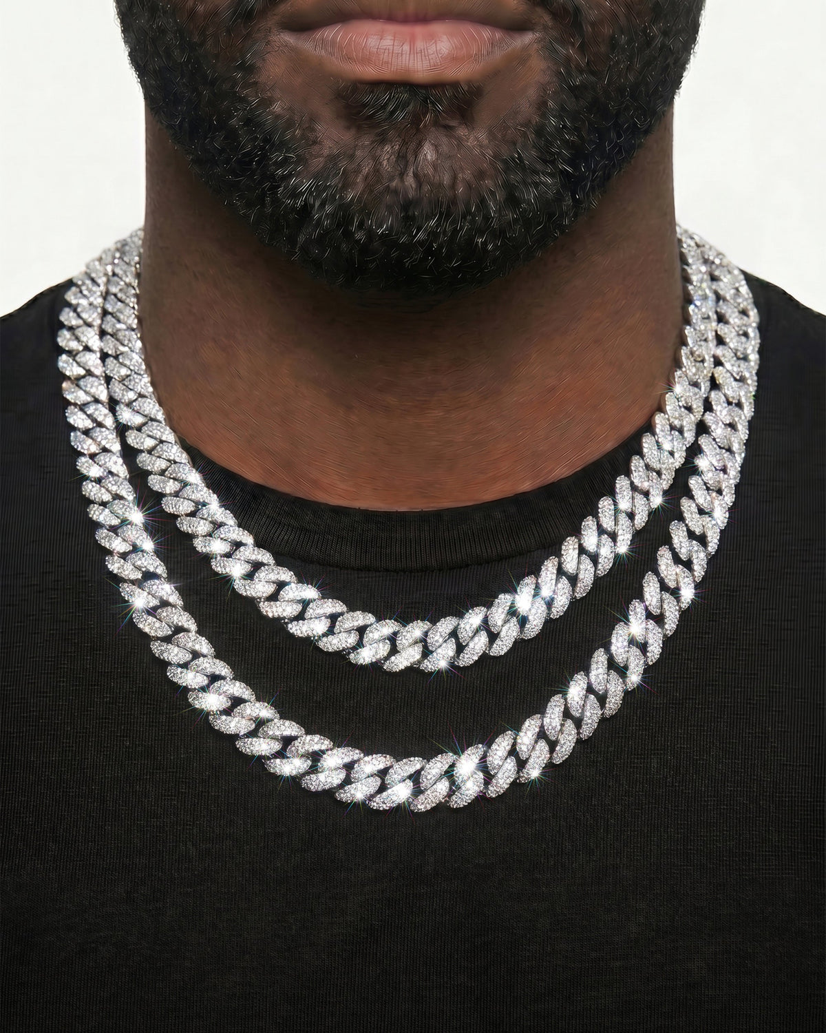 925 Sterling Silver VVS Moissanite Tennis and Cuban Chain Stack