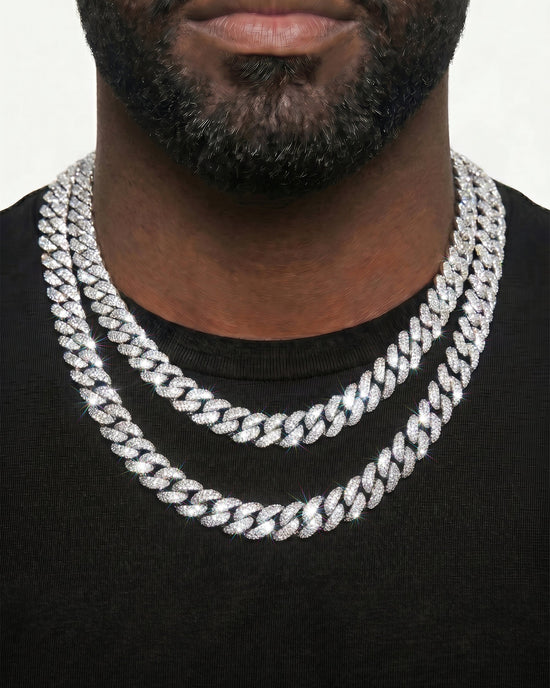 925 Sterling Silver VVS Moissanite Tennis and Cuban Chain Stack