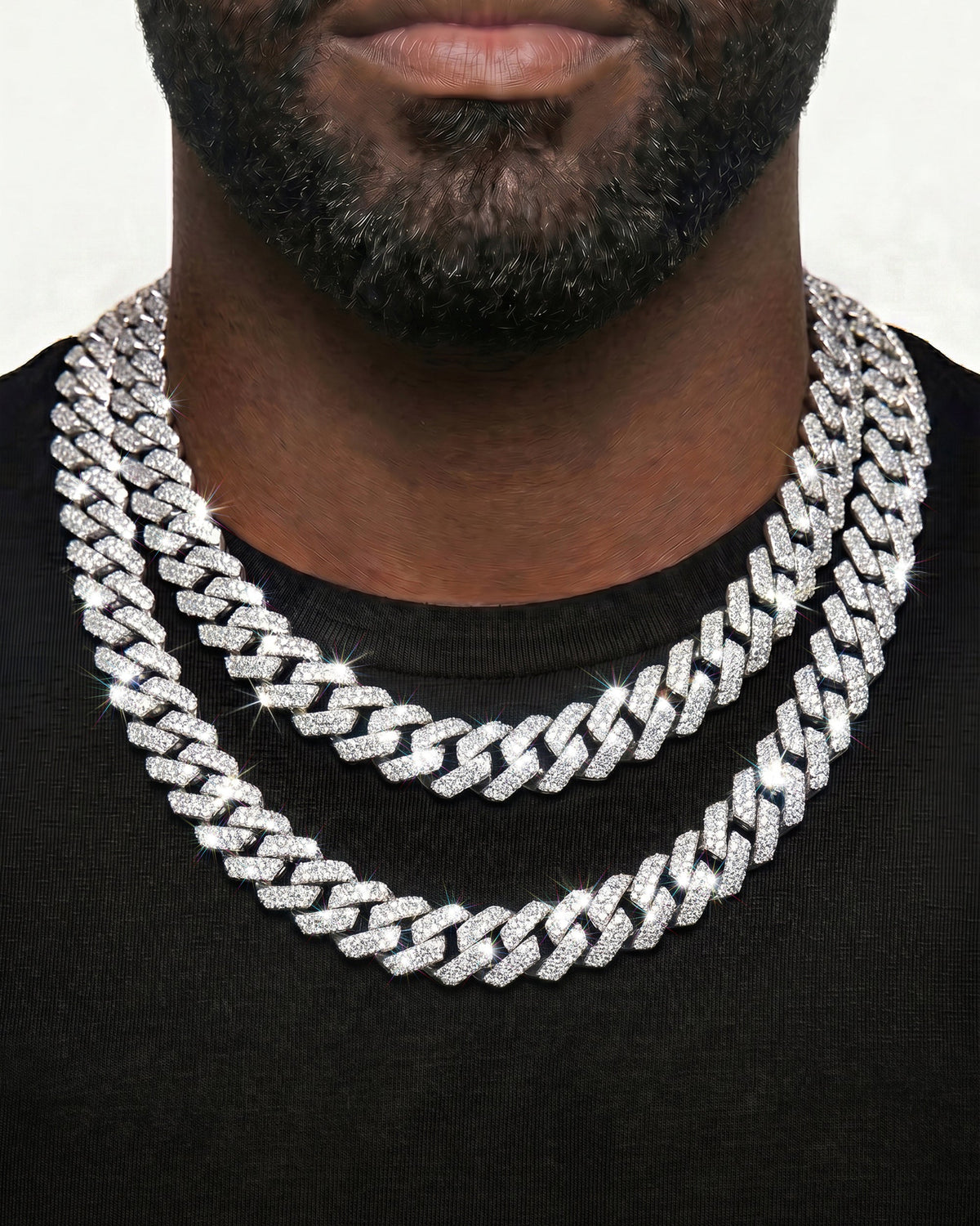 925 Sterling Silver VVS Moissanite Tennis and Cuban Chain Stack