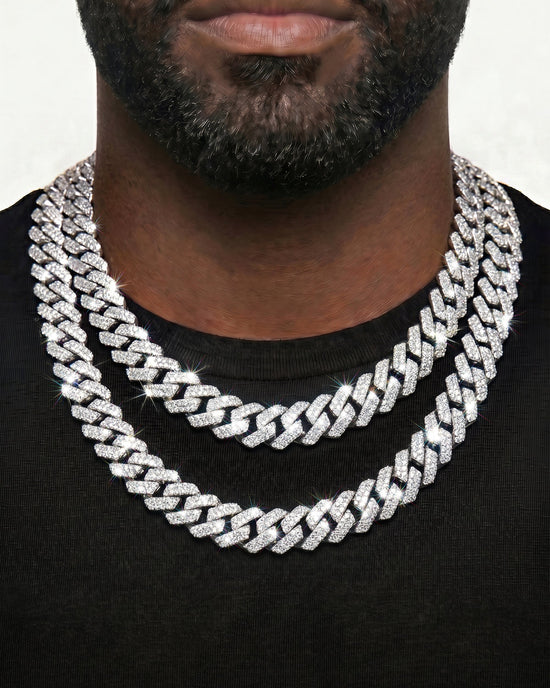 925 Sterling Silver VVS Moissanite Tennis and Cuban Chain Stack