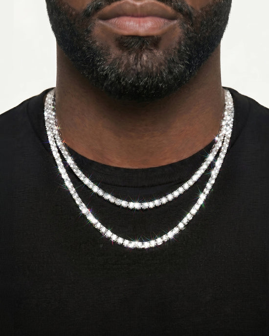 925 Sterling Silver VVS Moissanite Tennis and Cuban Chain Stack
