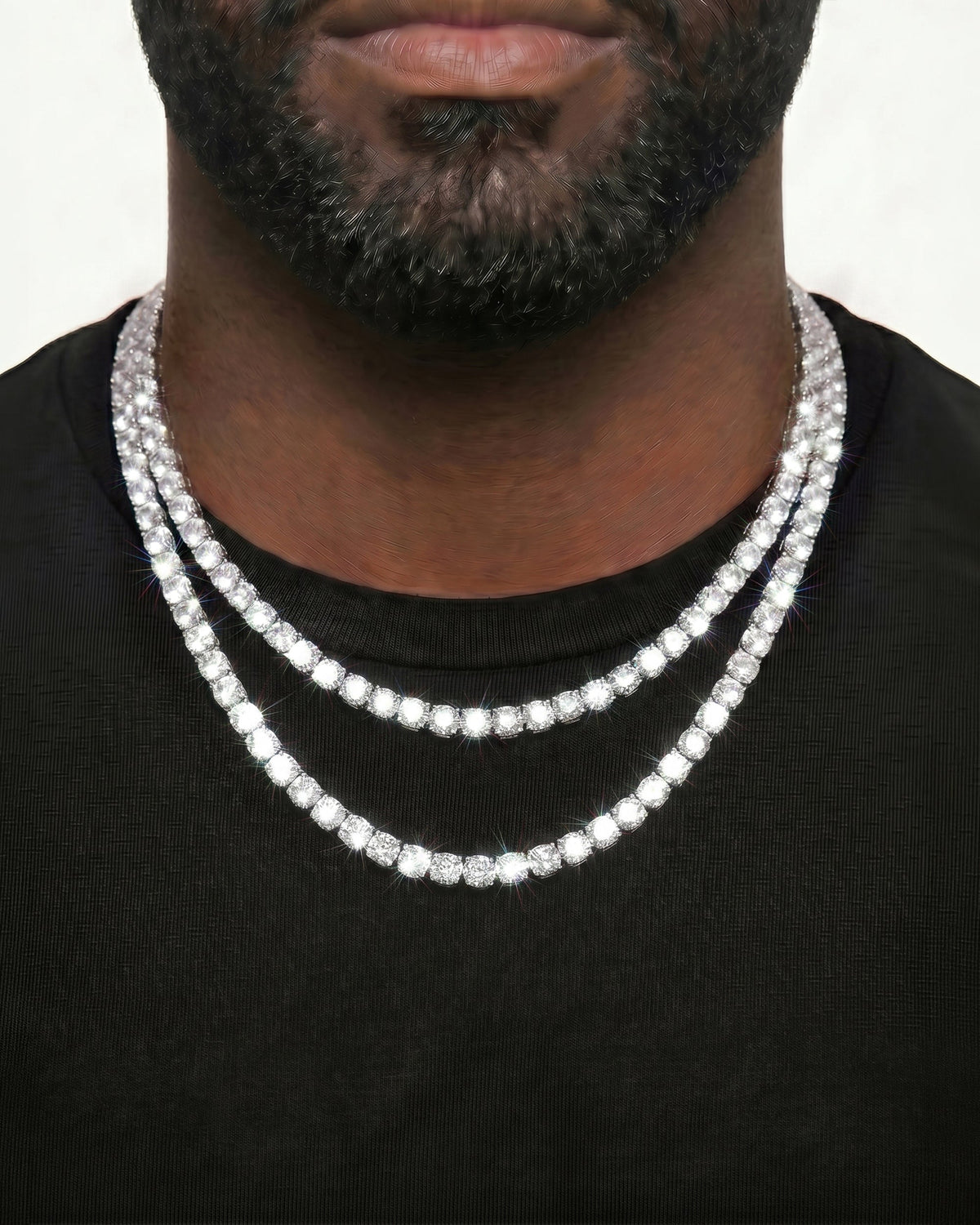 925 Sterling Silver VVS Moissanite Tennis and Cuban Chain Stack