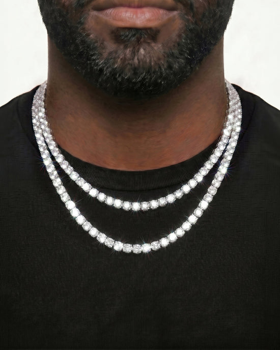 925 Sterling Silver VVS Moissanite Tennis and Cuban Chain Stack