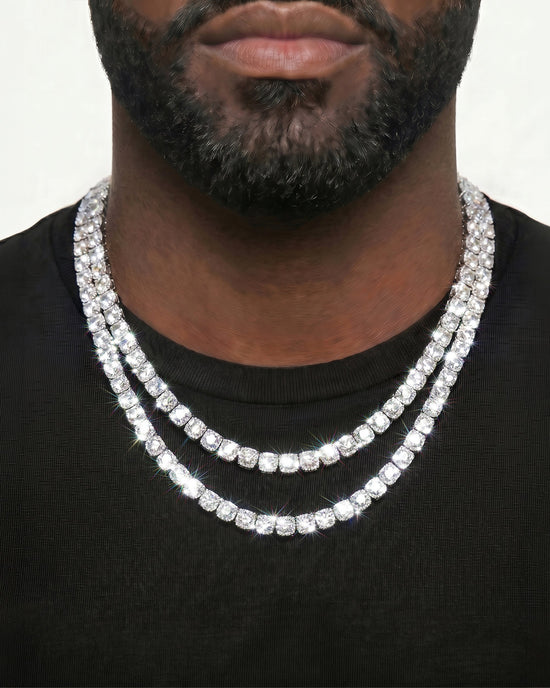 925 Sterling Silver VVS Moissanite Tennis and Cuban Chain Stack