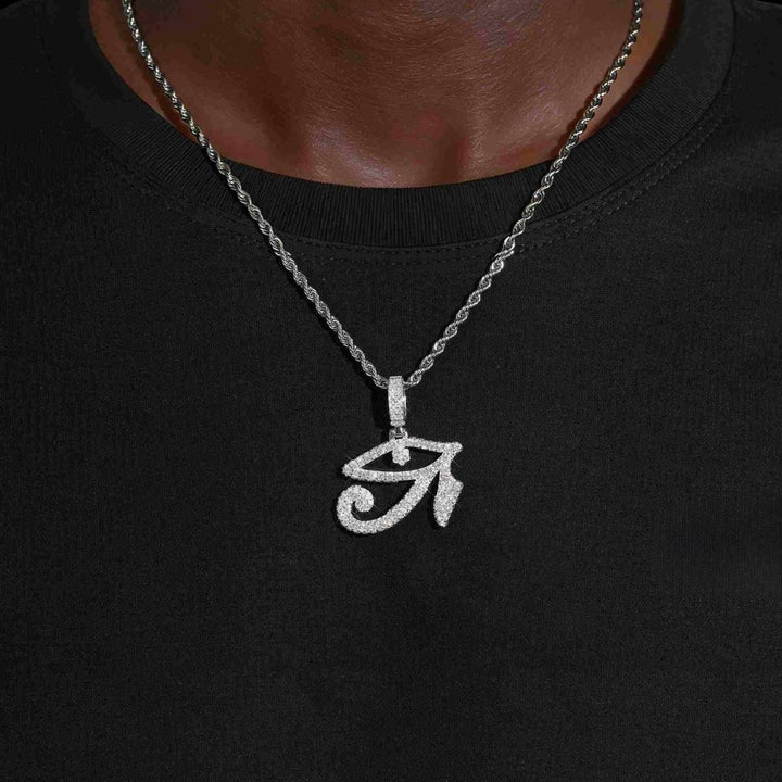 VVS Moissanite Eye of Horus Pendant in 14K White Gold Neck View 