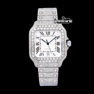 White Dial Cartier Santos Black Roman Numerals Fully Iced Out Moissanite Watch