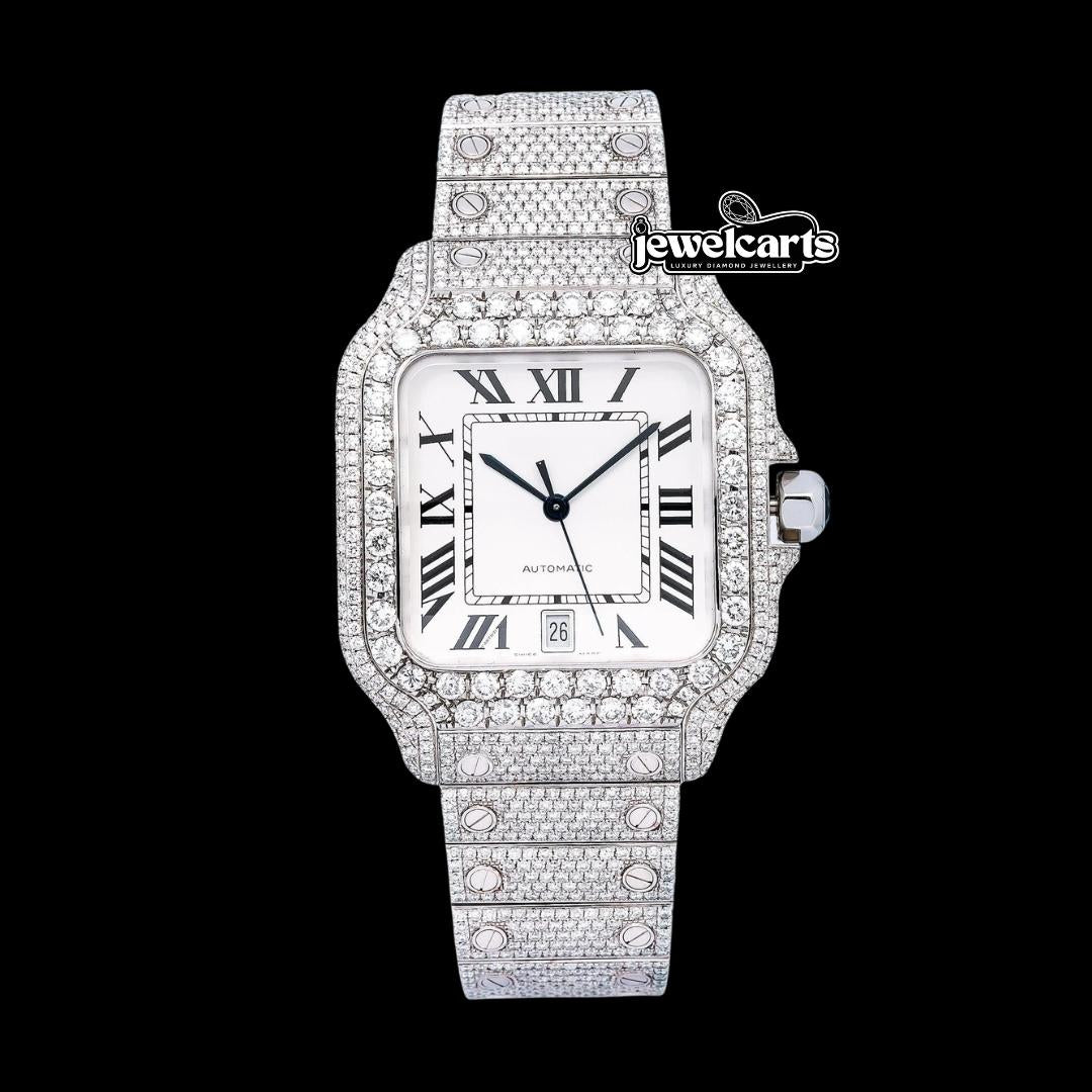 White Dial Cartier Santos Black Roman Numerals Fully Iced Out Moissanite Watch Front View