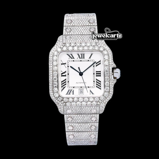 White Dial Cartier Santos Black Roman Numerals Fully Iced Out Moissanite Watch Front View