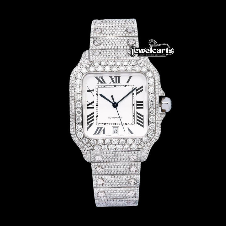 White Dial Cartier Santos Black Roman Numerals Fully Iced Out Moissanite Watch Front View