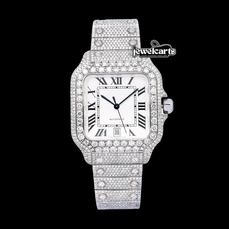 White Dial Cartier Santos Black Roman Numerals Fully Iced Out Moissanite Watch Front View