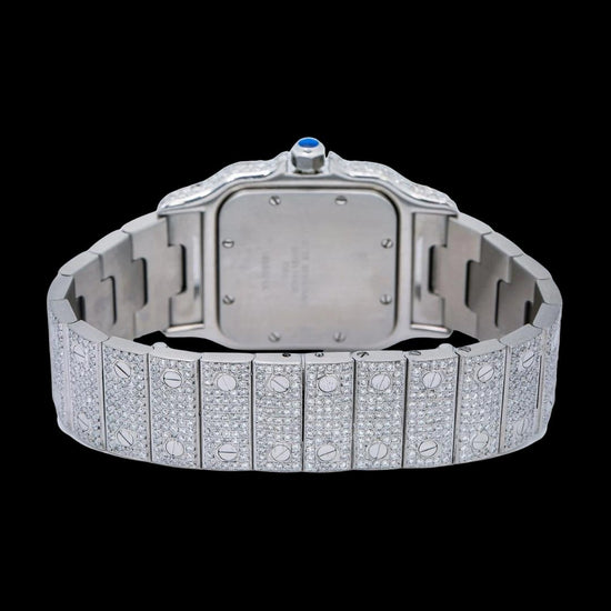 White Dial Roman Numerals Cartier Santos Fully Iced Out Moissanite Diamond Watch Caseback View
