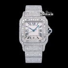 White Dial Roman Numerals Cartier Santos Fully Iced Out Moissanite Diamond Watch