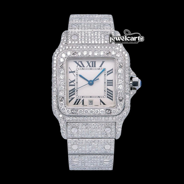 White Dial Roman Numerals Cartier Santos Fully Iced Out Moissanite Diamond Watch Front View