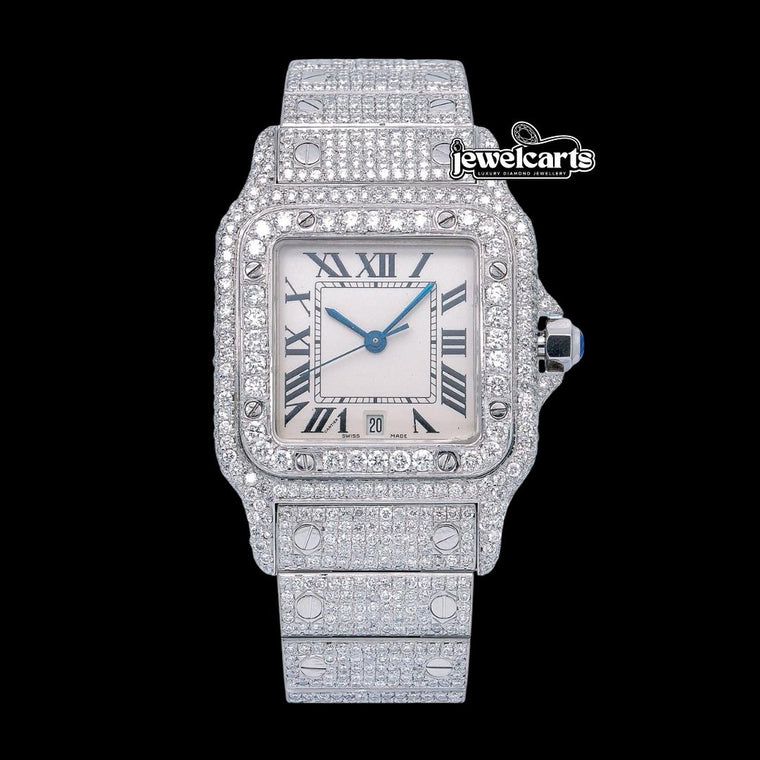 White Dial Roman Numerals Cartier Santos Fully Iced Out Moissanite Diamond Watch Front View