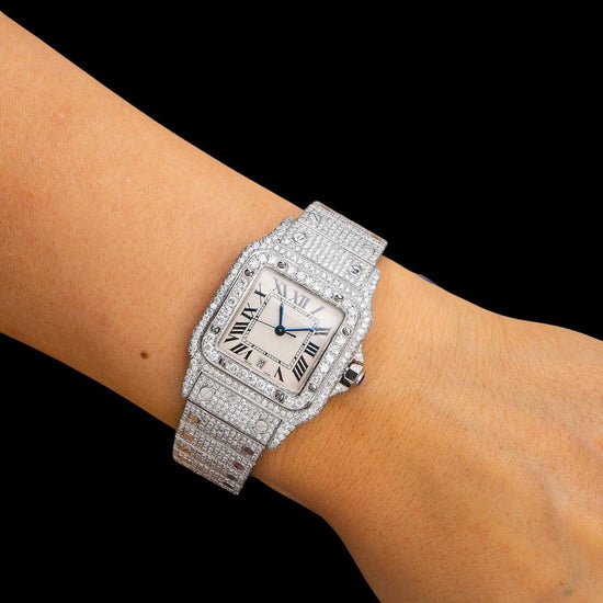 White Dial Roman Numerals Cartier Santos Fully Iced Out Moissanite Diamond Watch On Wrist View