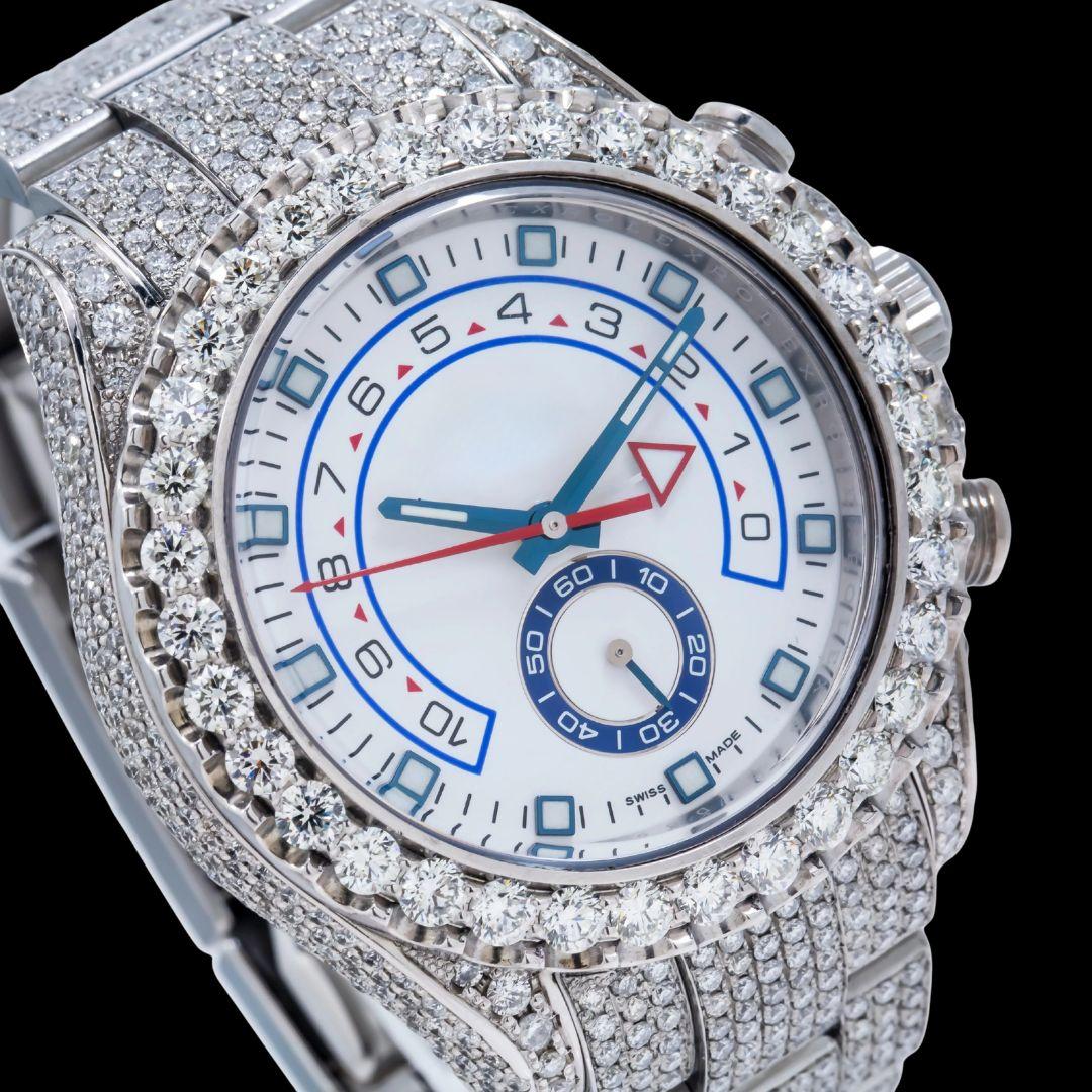 Yacht-Master II Rolex White Dial Standard Numerals Fully Iced Out Oyster Bracelet Moissanite Watch Close Up Dial View