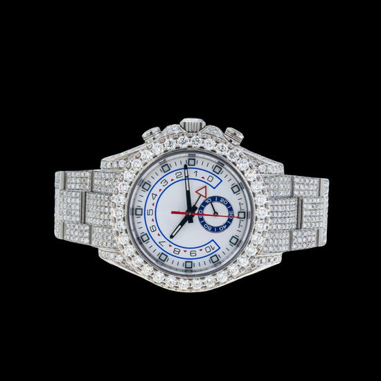 Yacht-Master II Rolex White Dial Standard Numerals Fully Iced Out Oyster Bracelet Moissanite Watch Close Up Front View