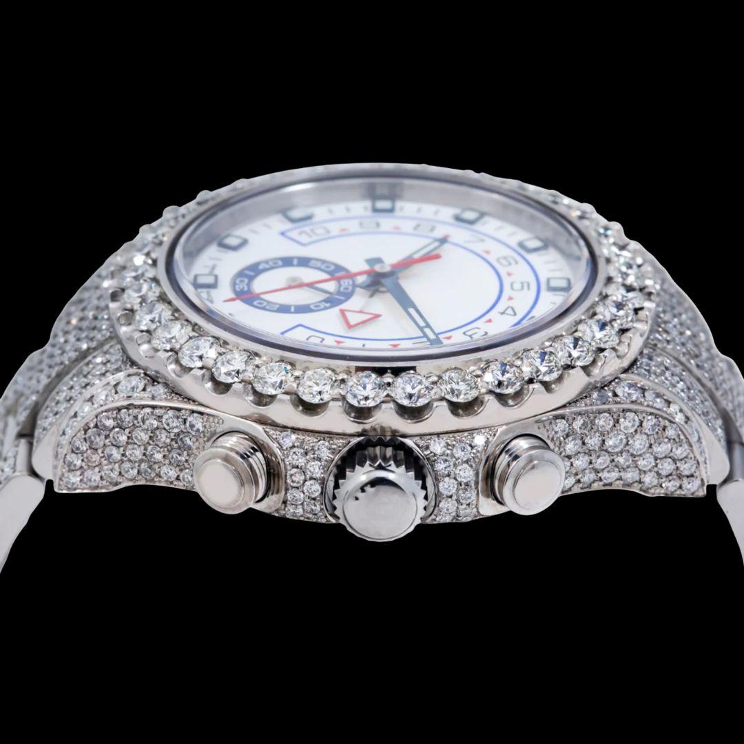 Yacht-Master II Rolex White Dial Standard Numerals Fully Iced Out Oyster Bracelet Moissanite Watch Crown View