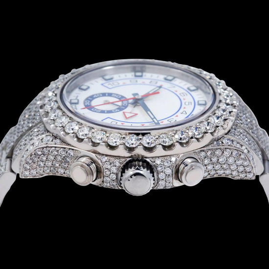 Yacht-Master II Rolex White Dial Standard Numerals Fully Iced Out Oyster Bracelet Moissanite Watch Crown View