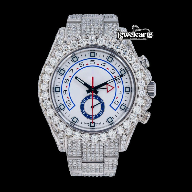 Yacht-Master II Rolex White Dial Standard Numerals Fully Iced Out Oyster Bracelet Moissanite Watch Front View