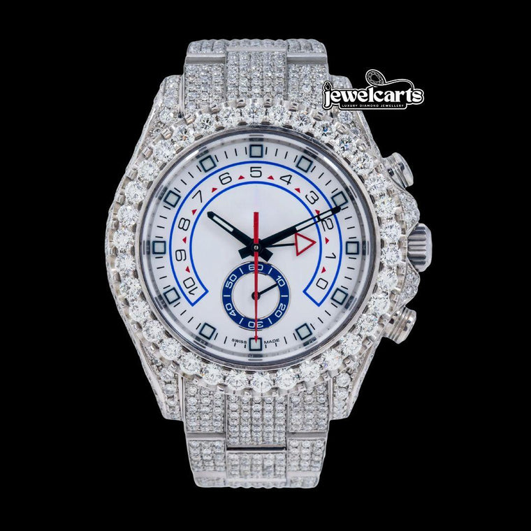 Yacht-Master II Rolex White Dial Standard Numerals Fully Iced Out Oyster Bracelet Moissanite Watch Front View