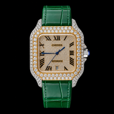 Cartier Santos Yellow Gold Roman Dial Green Leather Strap Semi Iced Out Moissanite Watch