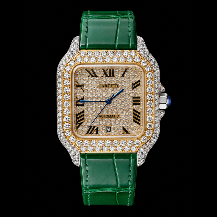 Cartier Santos Yellow Gold Roman Dial Green Leather Strap Semi Iced Out Moissanite Watch