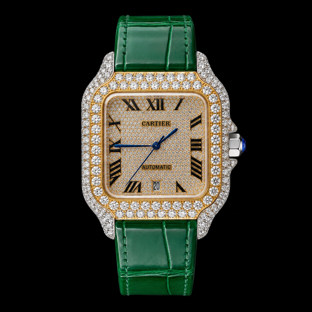 Cartier Santos Yellow Gold Roman Dial Green Leather Strap Semi Iced Out Moissanite Watch