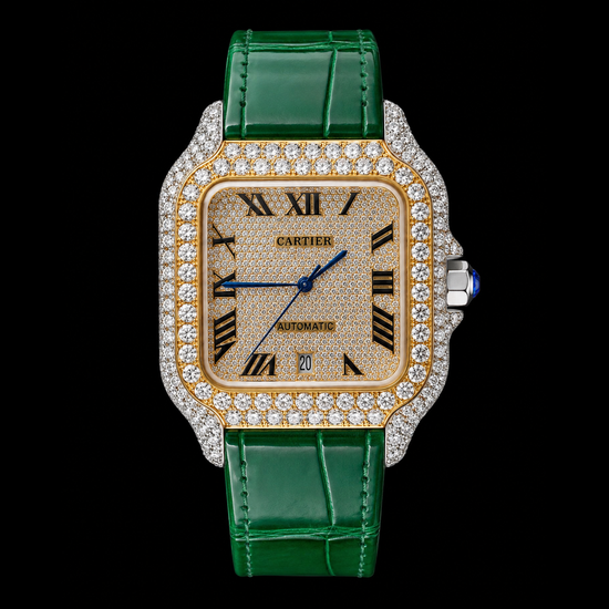 Cartier Santos Yellow Gold Roman Dial Green Leather Strap Semi Iced Out Moissanite Watch
